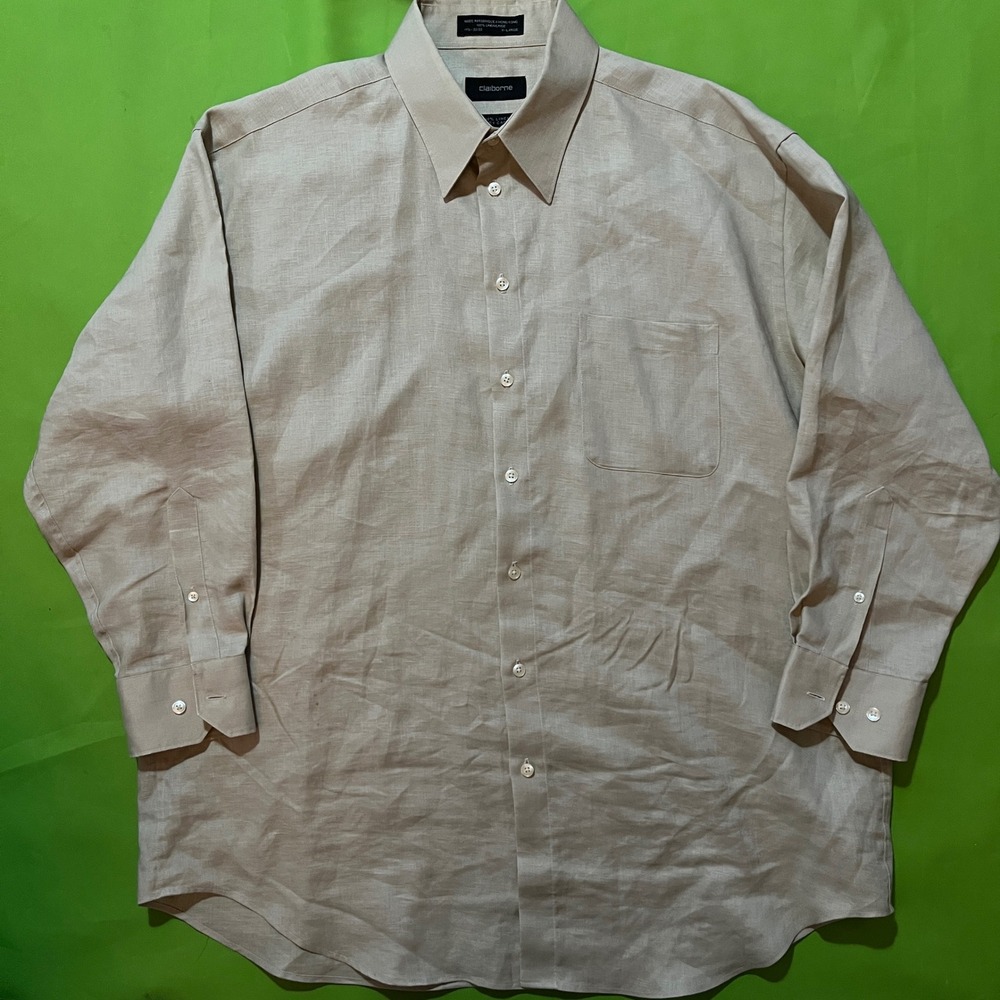 Claiborne Mens XL Linen Button‎ Down Shirt Beige Long Sleeve Easy Care Solid